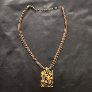 Vintage Park Lane Tigers Eye Gems Orange Tan Pendant Necklace Leather Chain